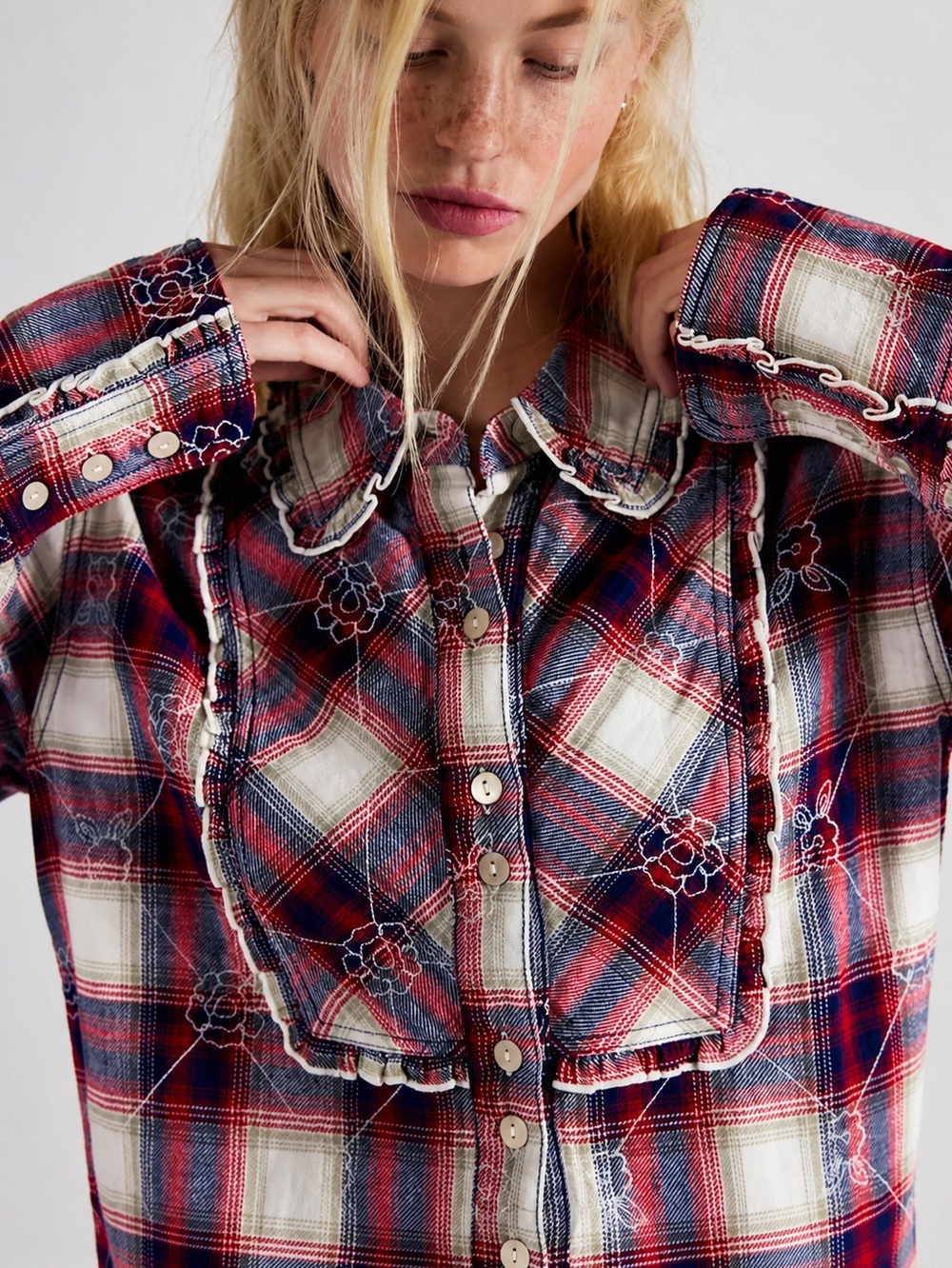 Free people we the free Georgia plaid embroidered button down